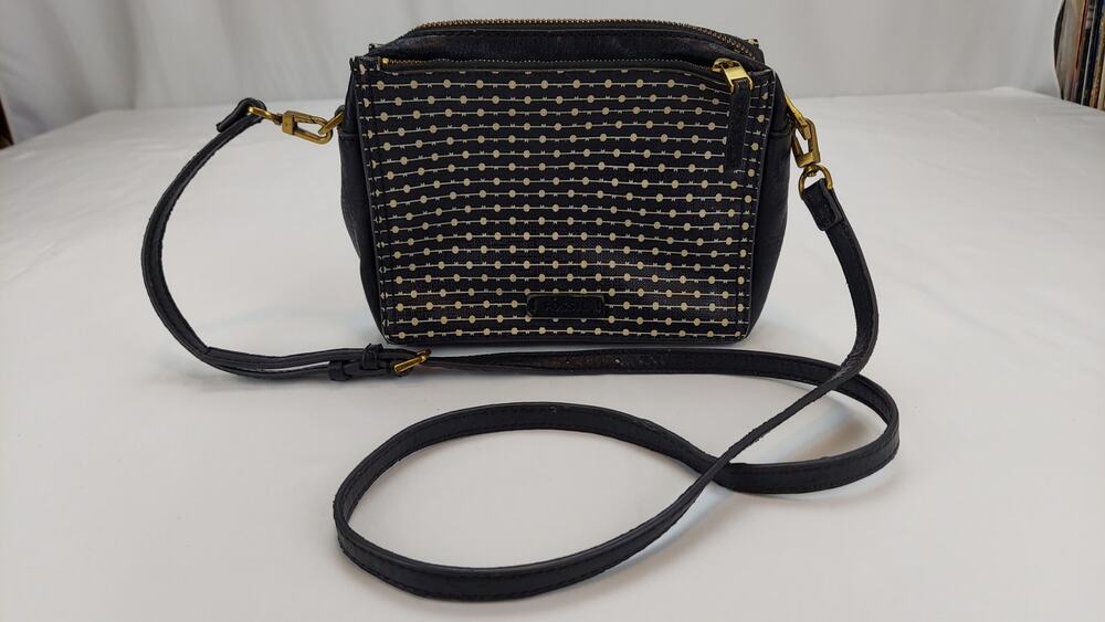 Fossil Campbell Mini Crossbody Black White Stripe Purse Adjustable Strap
